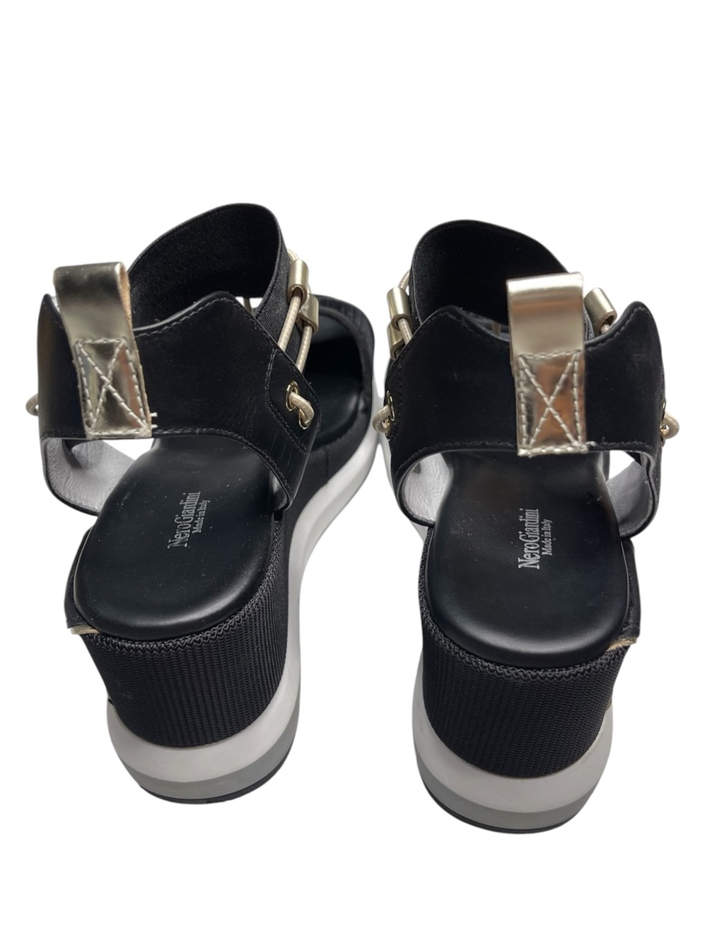 NecroGiardini Black Wedge Sandals with Elastic Ankle Strap and Metallic Accents - Picture 5 of 6